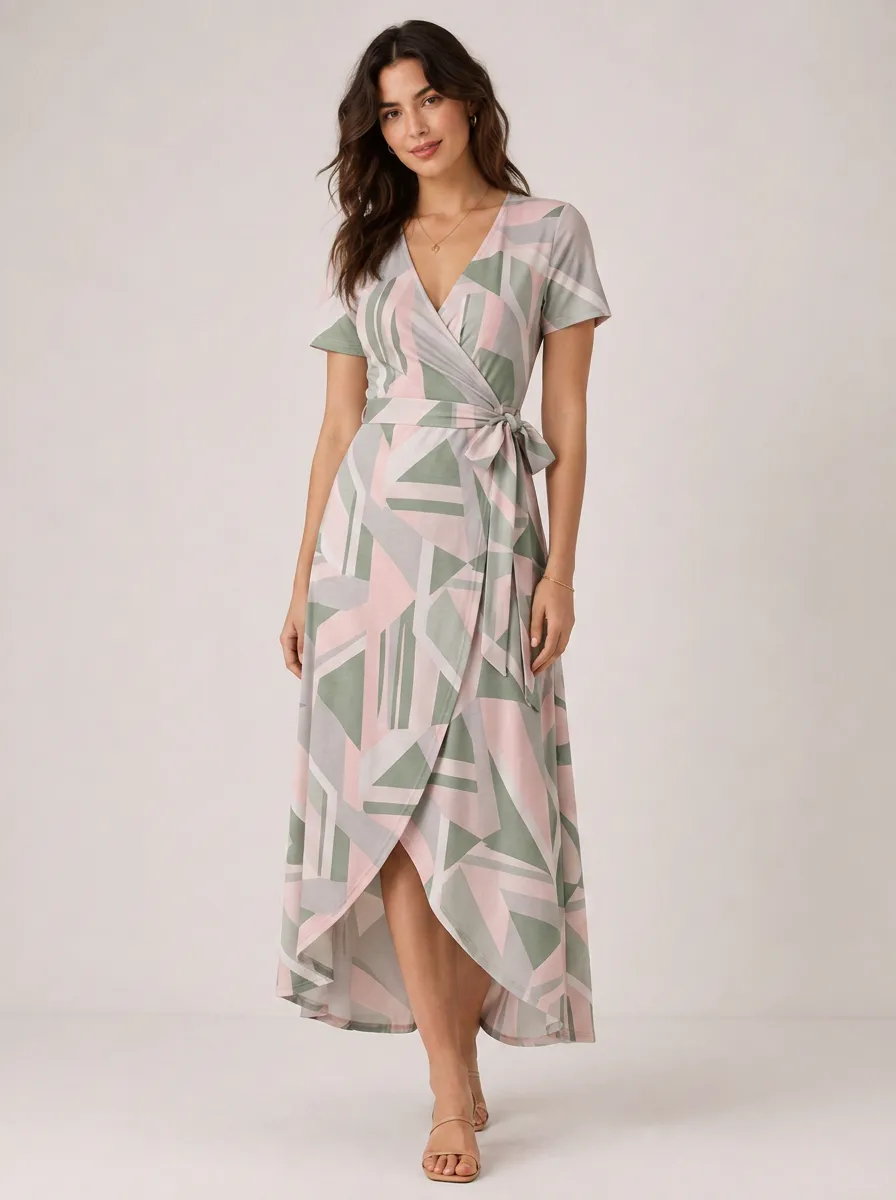 Women's Geometric Pattern Pink Green Printed Wrap Dress