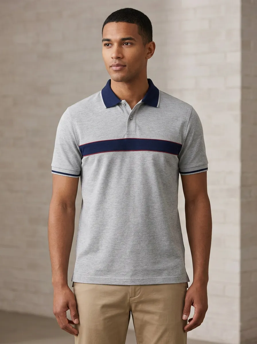 Men's Grey Colorblock Striped Printed Polo Shirt