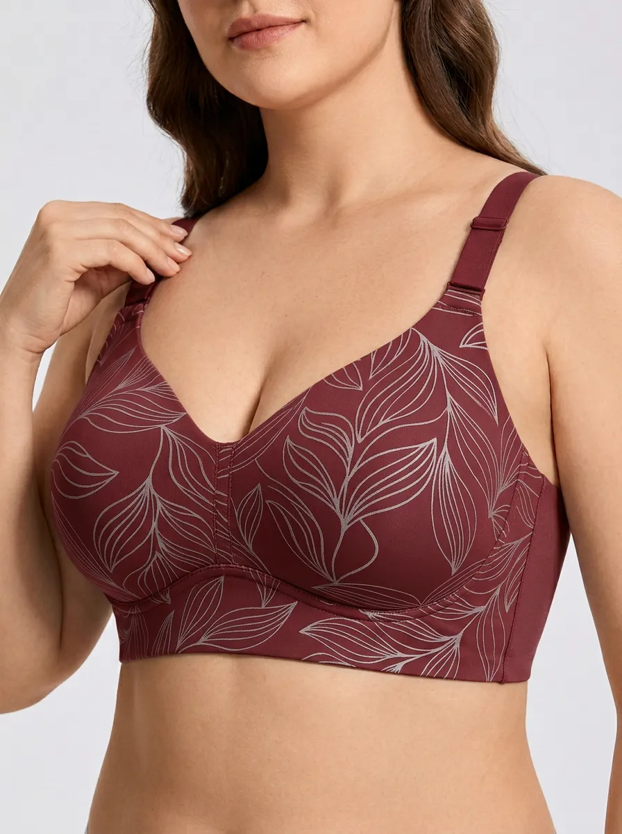 Women's Plus Size Dusty Blue Leaf Full-Coverage V-Neck Wireless Bra