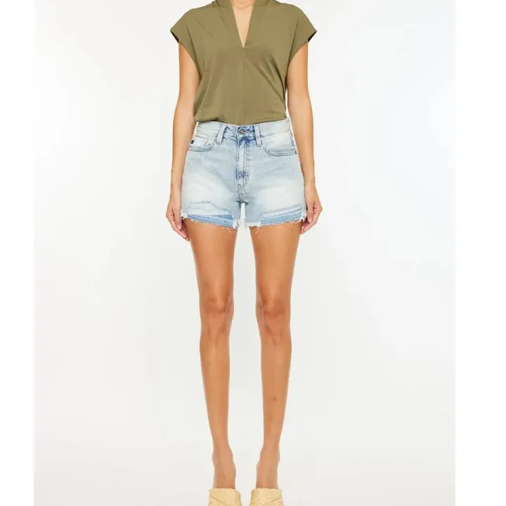 Refined High Rise Raw Hem Denim Shorts