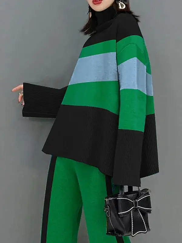High Low Paneled High Neck Flared Sleeve Pullover Sweater