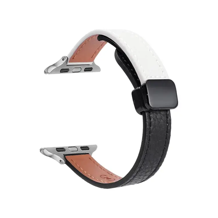 Slim Magnetic Buckle Genuine Leather Watch Band for Watch Ultra 49 mm - Litchi Black Beige