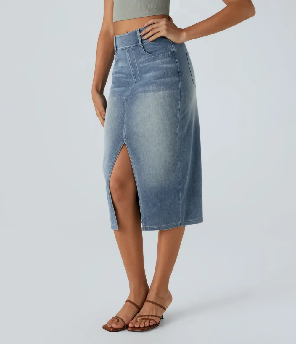 Magic High Waisted Multiple Pockets Bodycon Split Washed Stretchy Knit Denim Casual Midi Skirt