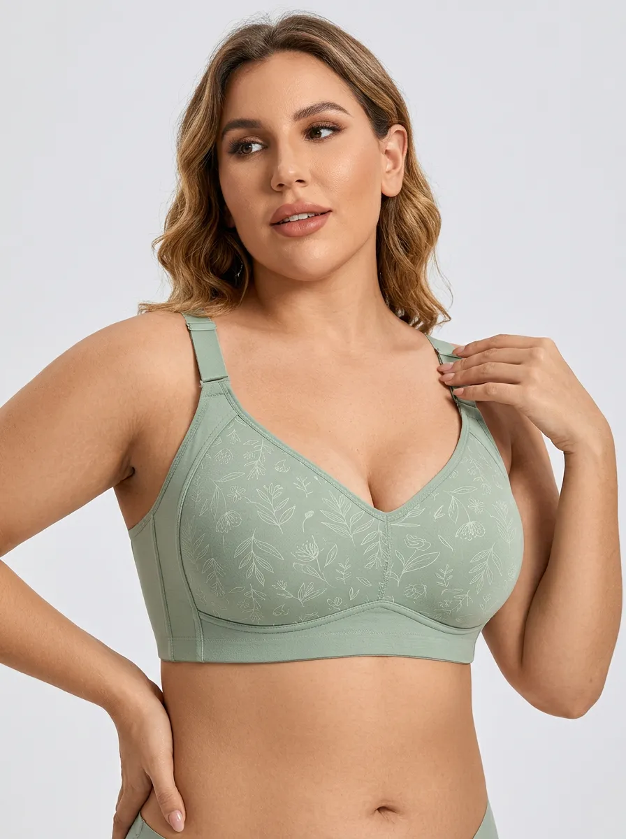 Women's Plus Size Sage Green Botanical Floral Full-Coverage V-Neck Wireless Bra