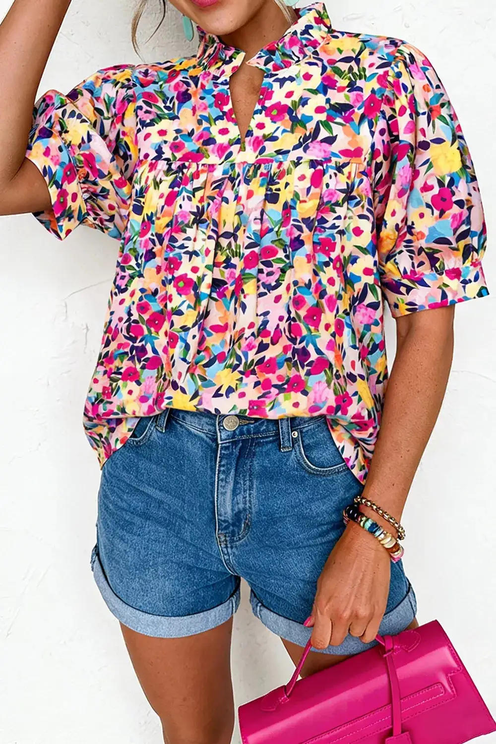 Flower Print Frilled Collar Short Puff Sleeve Summer Blouse