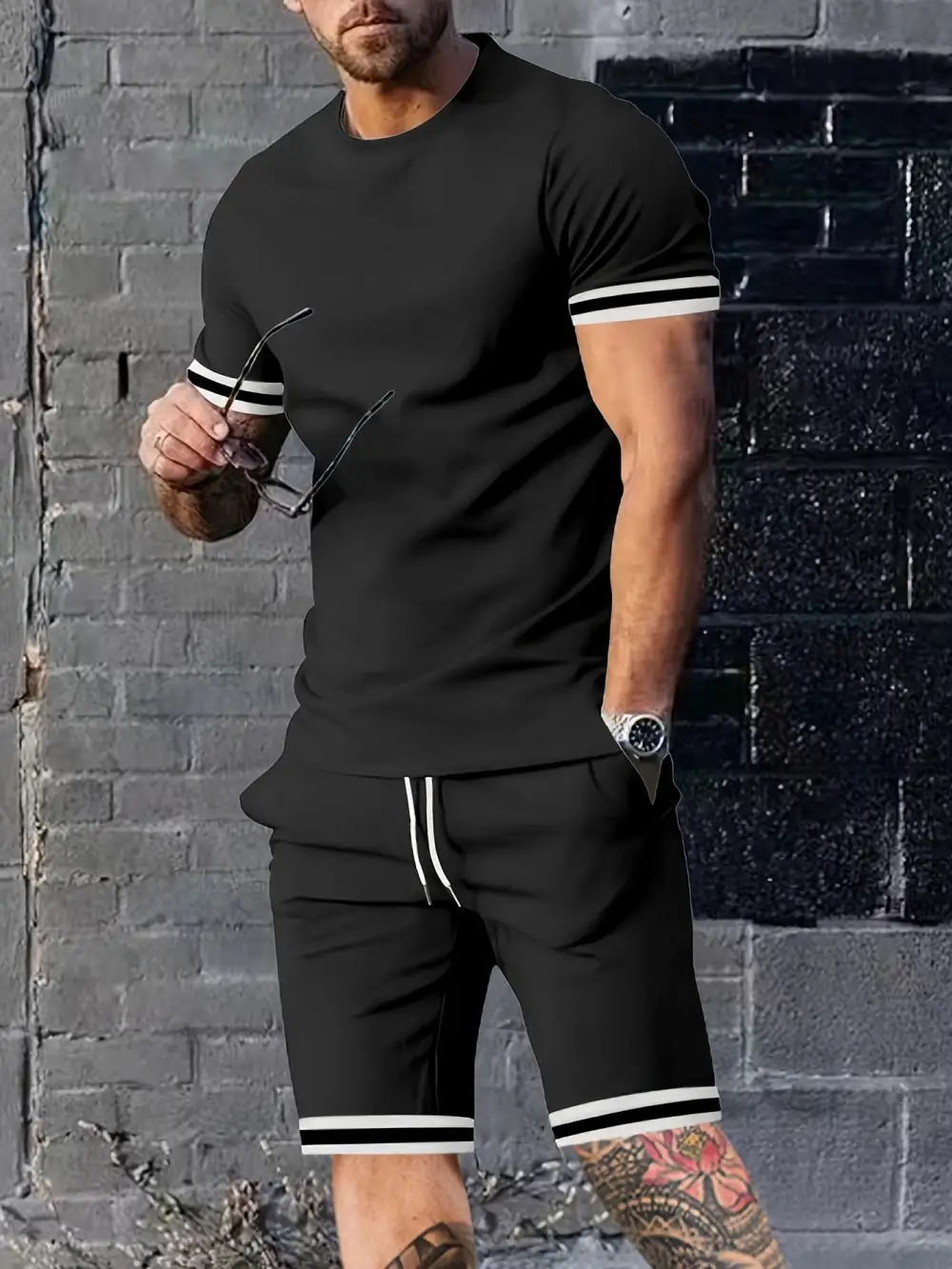 S Contrast Stripe Short Sleeve Tee & Shorts Set