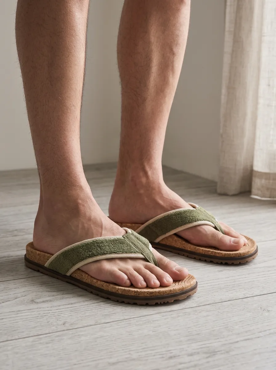 Men's Olive Green Towel Strap Cork Printed Flip Flops