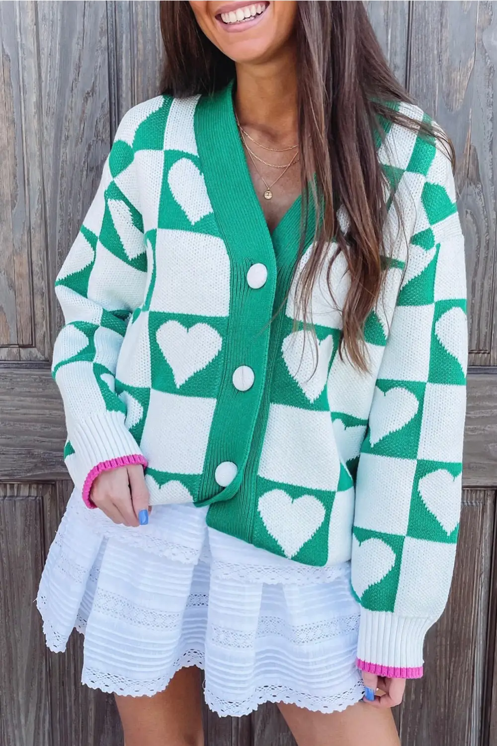 Easy Layer Checkered Button Front V Neck Cardigan
