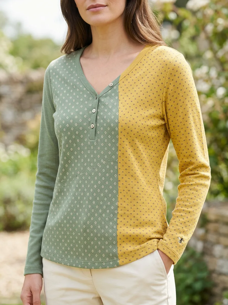 Women's Colorblock Geometric Pattern Printed Henley Top