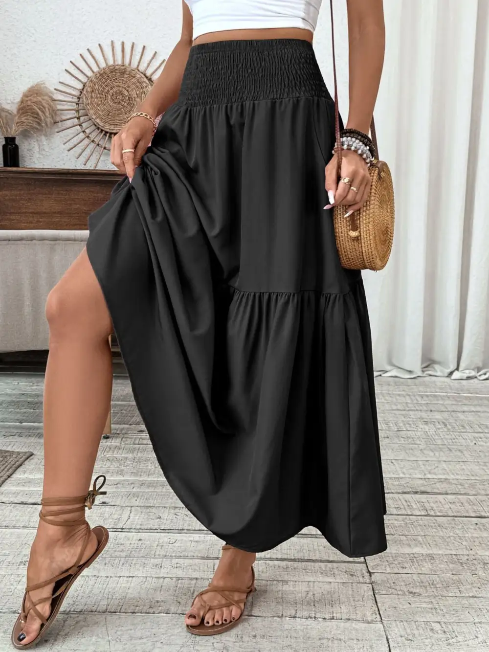 Tailored Smocked Ruffle Trim Detail Skirt