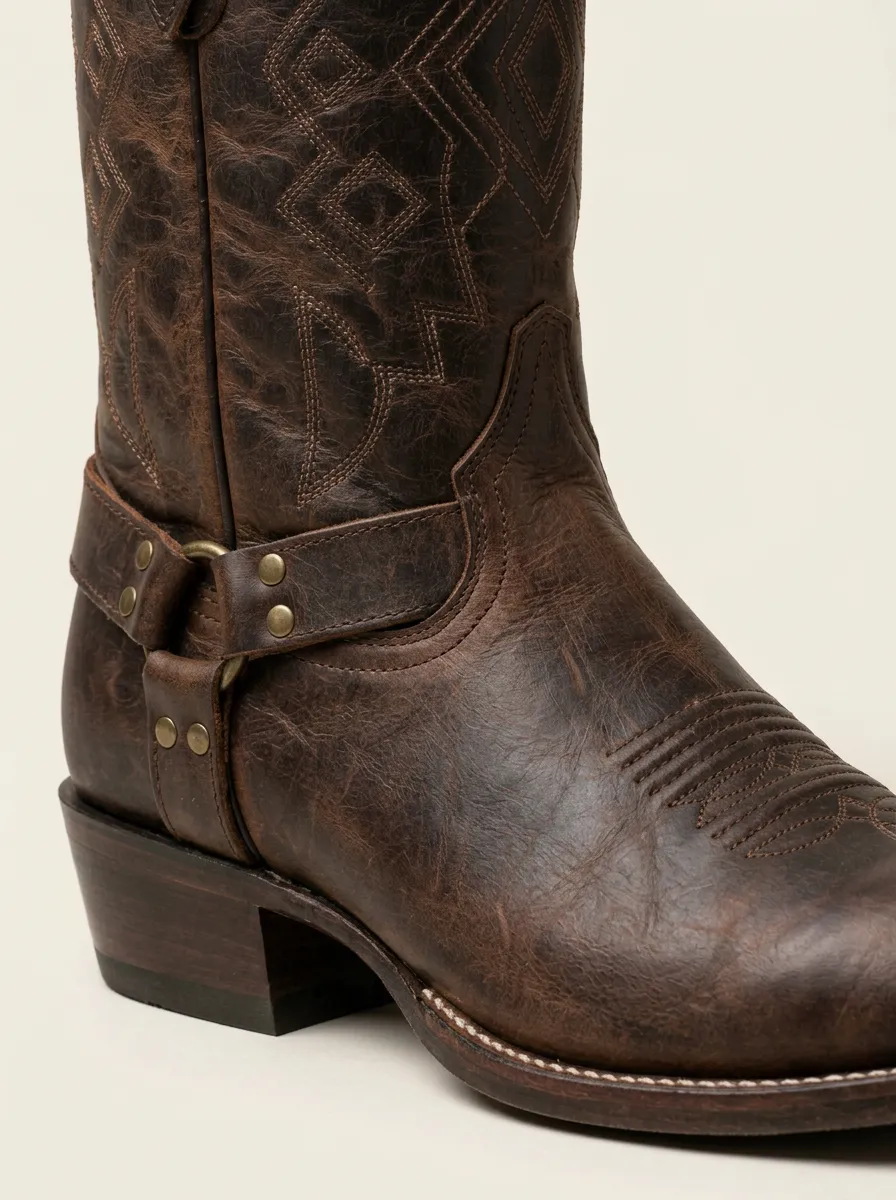 Men's Western Cowboy Brown Distressed Leather Buckle Printed Boots