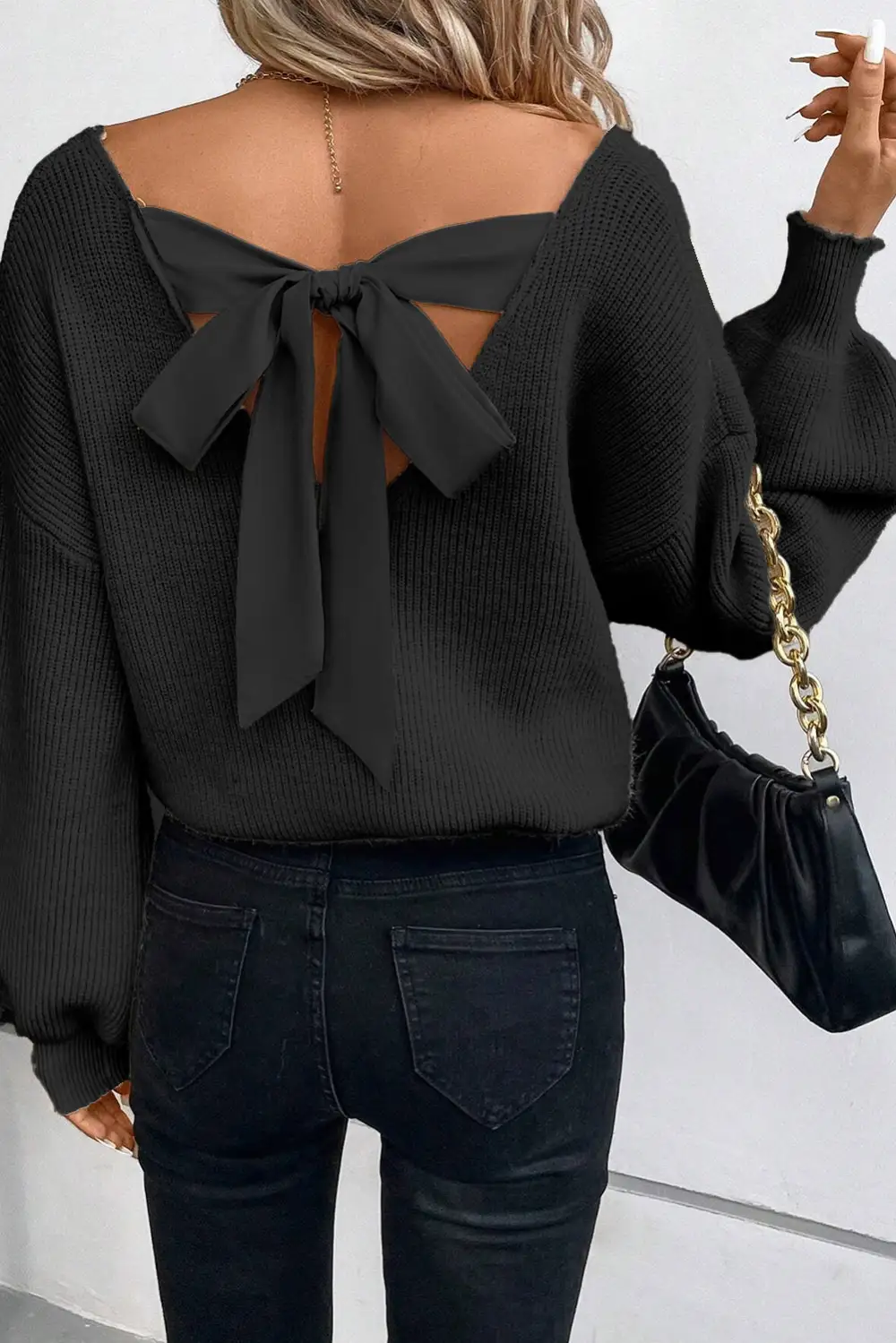Lantern Sleeve V Neck Knot Detail Sweater