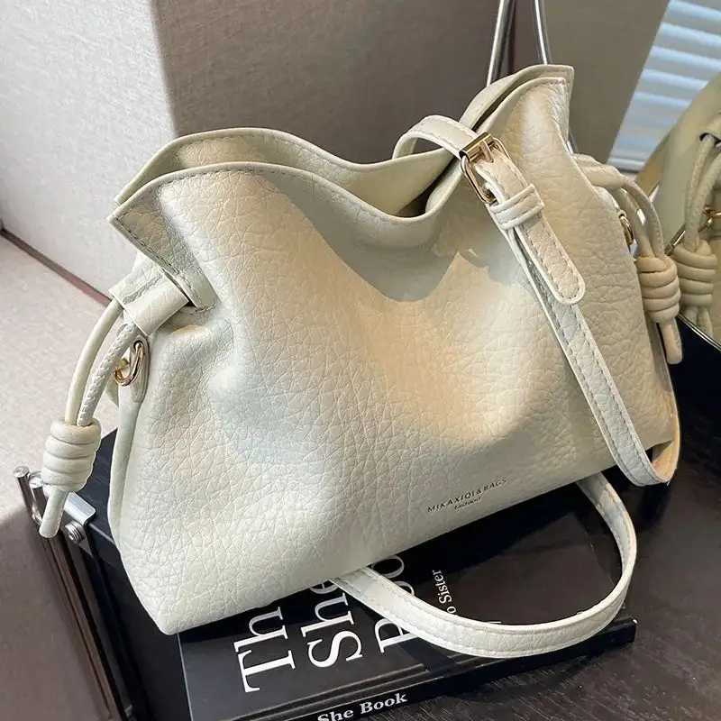 Minimalist Camel Leather Drawstring Shoulder Bag