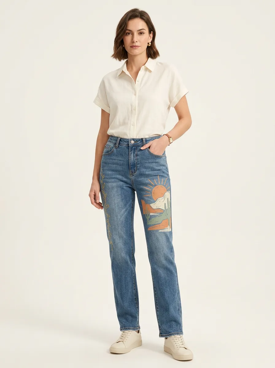 Women's Medium Wash Desert Cactus Embroidered High-Rise Five-Pocket Straight Leg Jeans