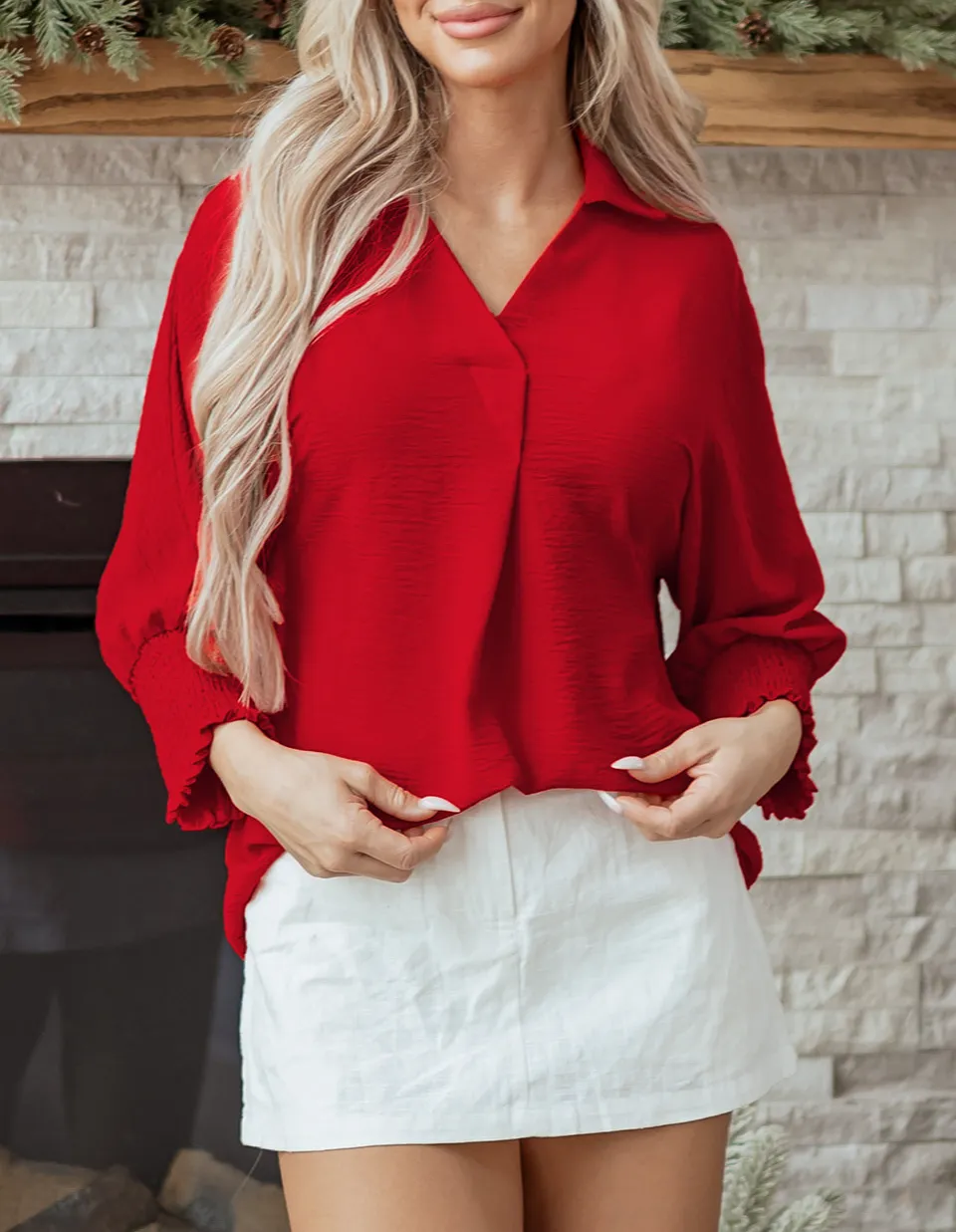 Women's V Neck Collared Three Quarter Sleeve Top