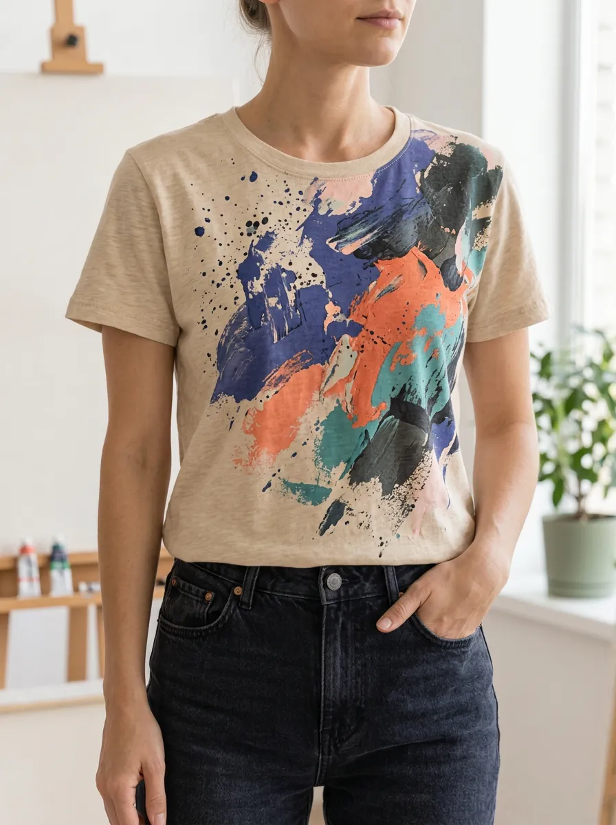 Women's Dynamic Abstract Art Lover Paint Splatter Crew Neck T-Shirt