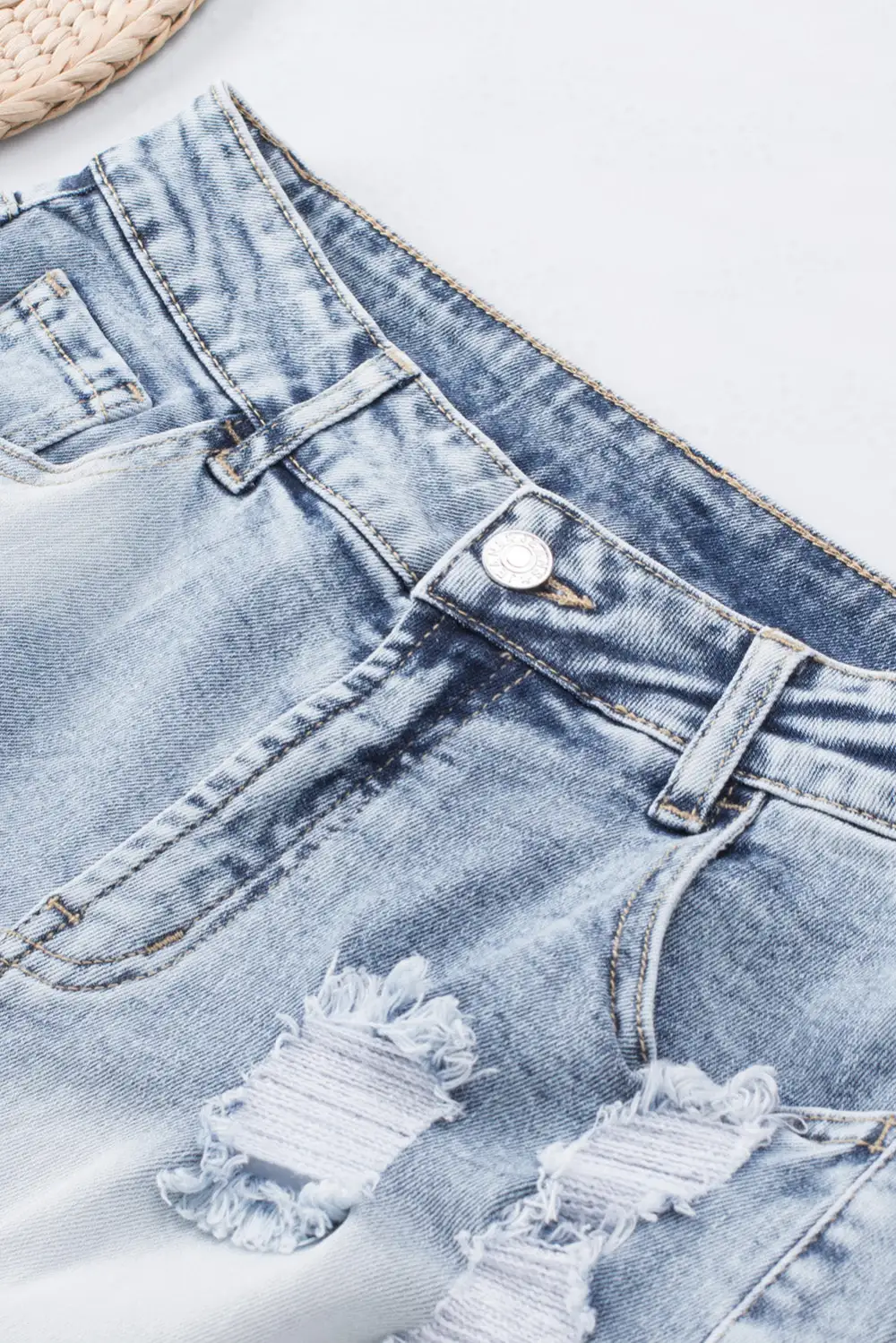 Sky Blue Bleached Wash Distressed Denim