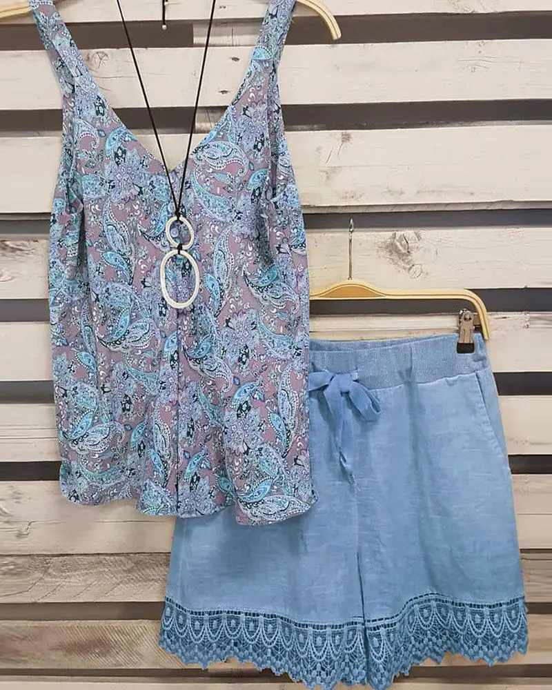 Floral Print V Neck Sleeveless Two Piece Suit