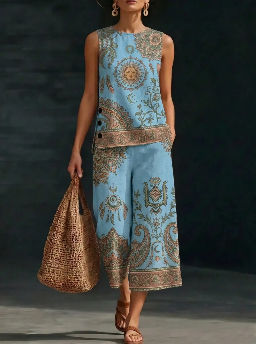 Women's Boho Sun Moon Paisley Printed Sleeveless Set