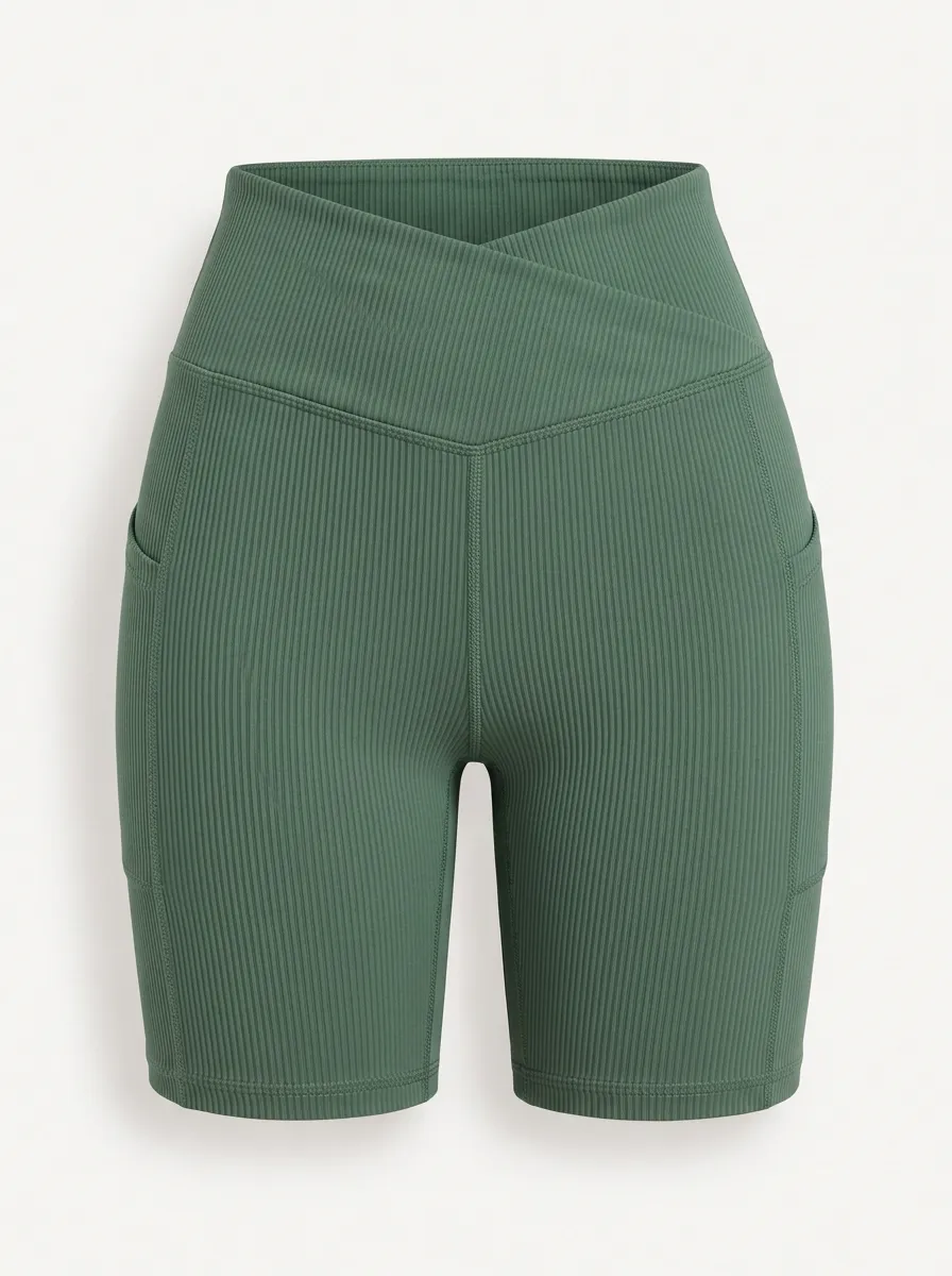 Women's Training Yoga Fitness Ribbed Crossover Pocket Biker Shorts