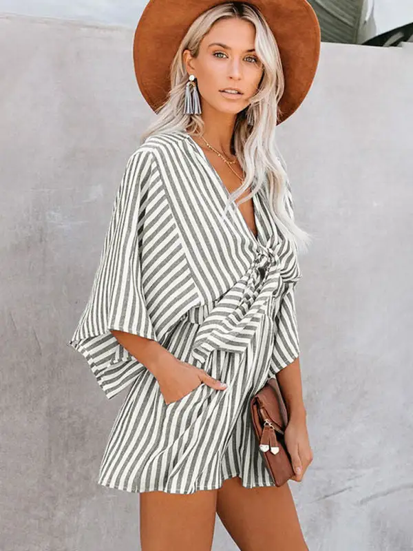Slim Waist Striped Deep V Trumpet Jumpsuit