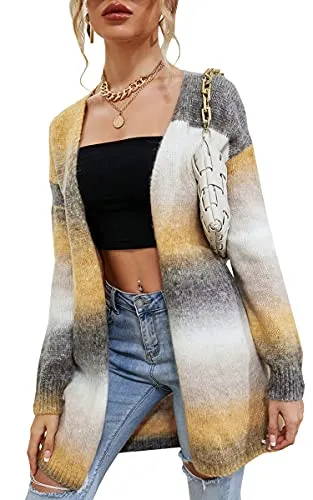 Womens Cardigan Color Block Striped Draped Kimono Cardigans Long Sleeve Open Front Casual Knit Sweaters Coat Outwear
