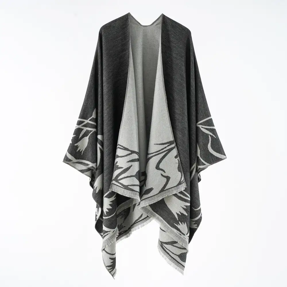 Reversible Jacquard Floral Ruana Wrap