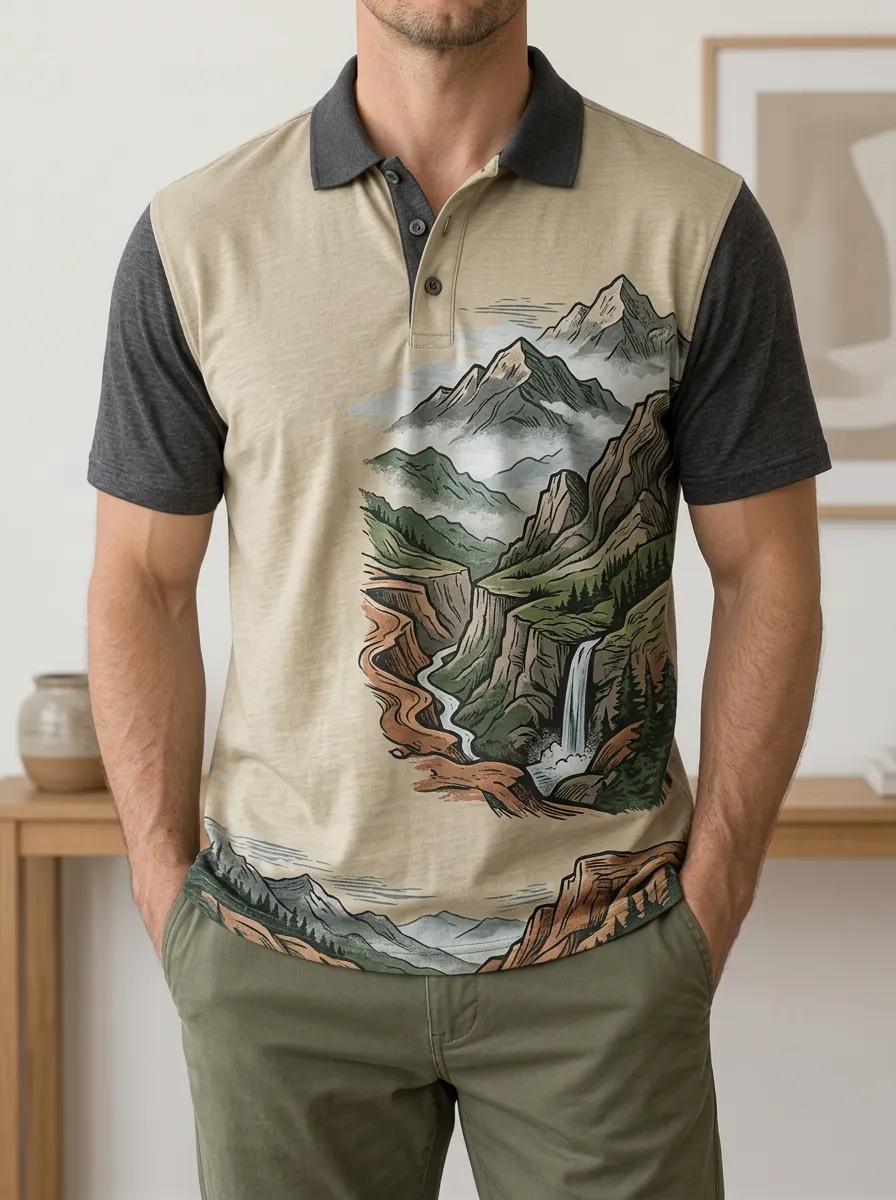 Men's Nature Lover Mountain Waterfall Printed Polo Shirt
