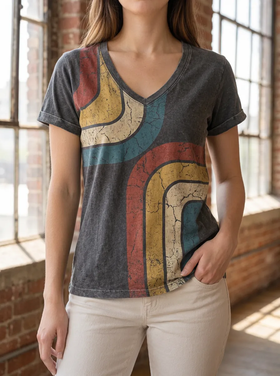 Women's Retro 70s Style Abstract Rainbow Printed V-Neck T-Shirt