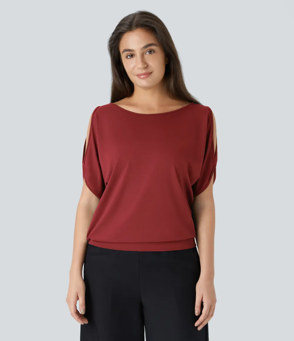 Boat Neck Short Sleeve Cut Out Casual T-Shirt