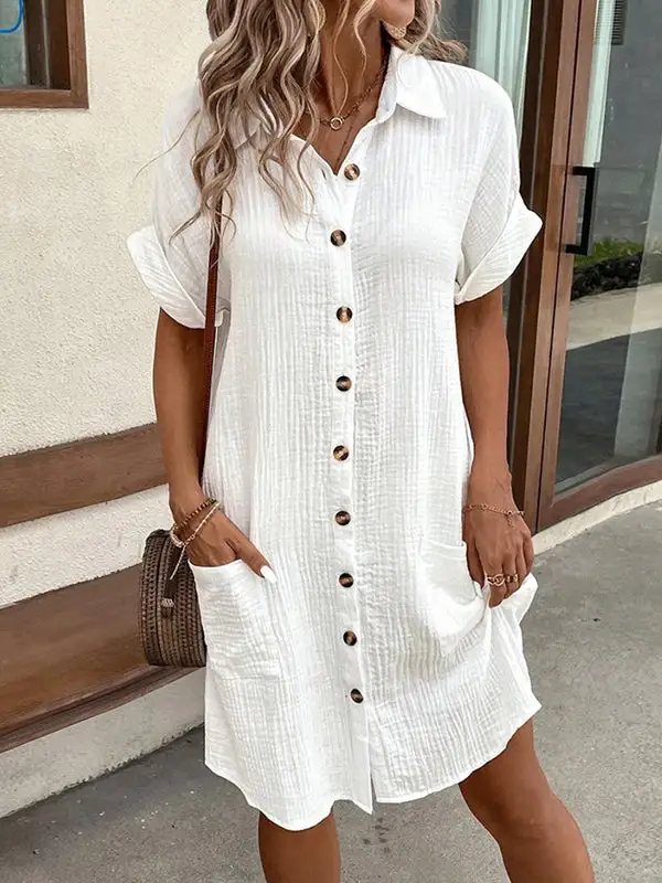 Relaxed Short Sleeve Pleated Split Joint Lapel Mini Dress Shirt Dress