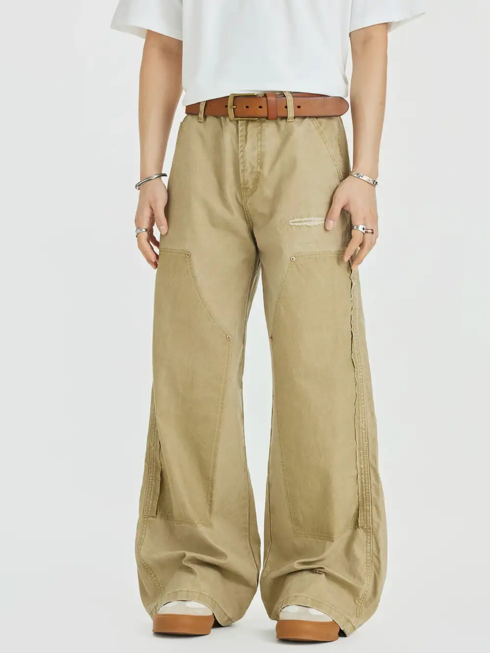 Wide-Leg Distressed Washed Workwear Jeans