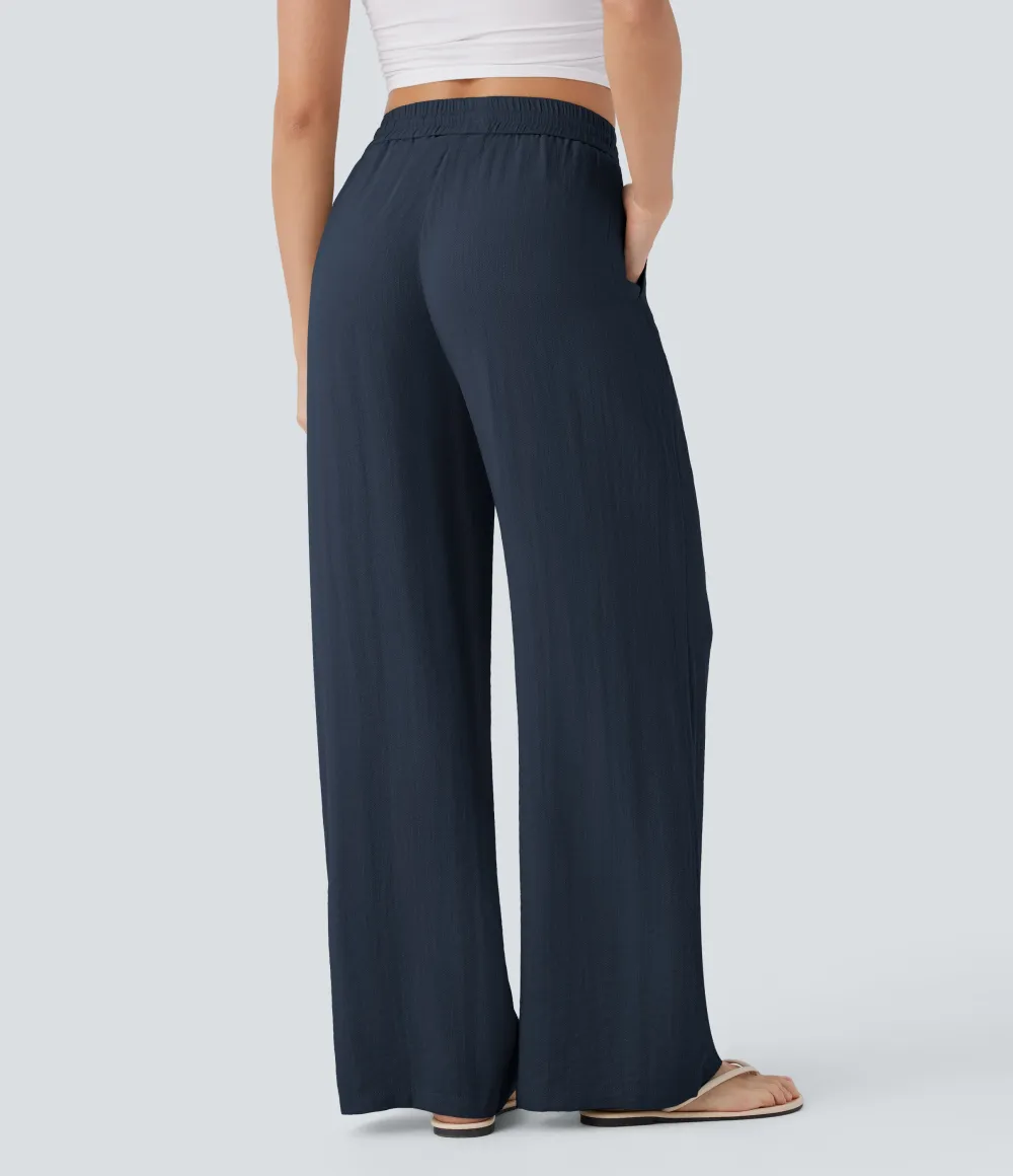 2026🔥  High Waisted Drawstring Pocket Wide Leg Casual Linen-Feel Pants