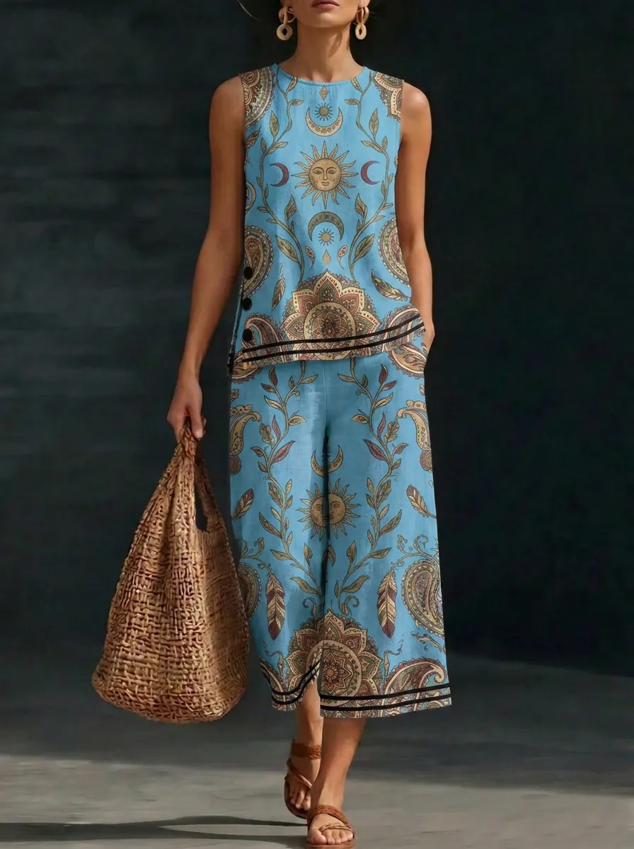 Women's Boho Celestial Sun Moon Paisley Printed Sleeveless Set