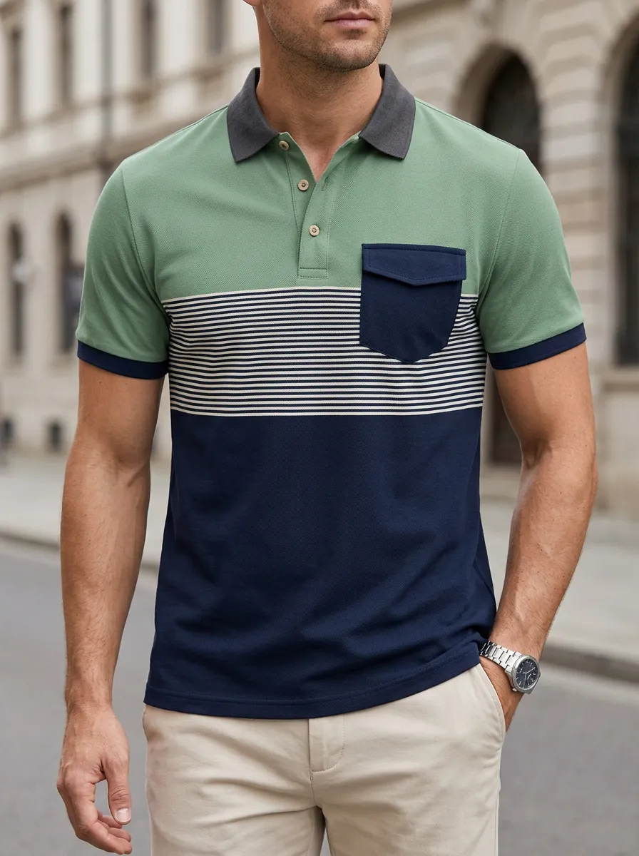 Men's Everyday Colorblock Striped Pocket Polo Shirt