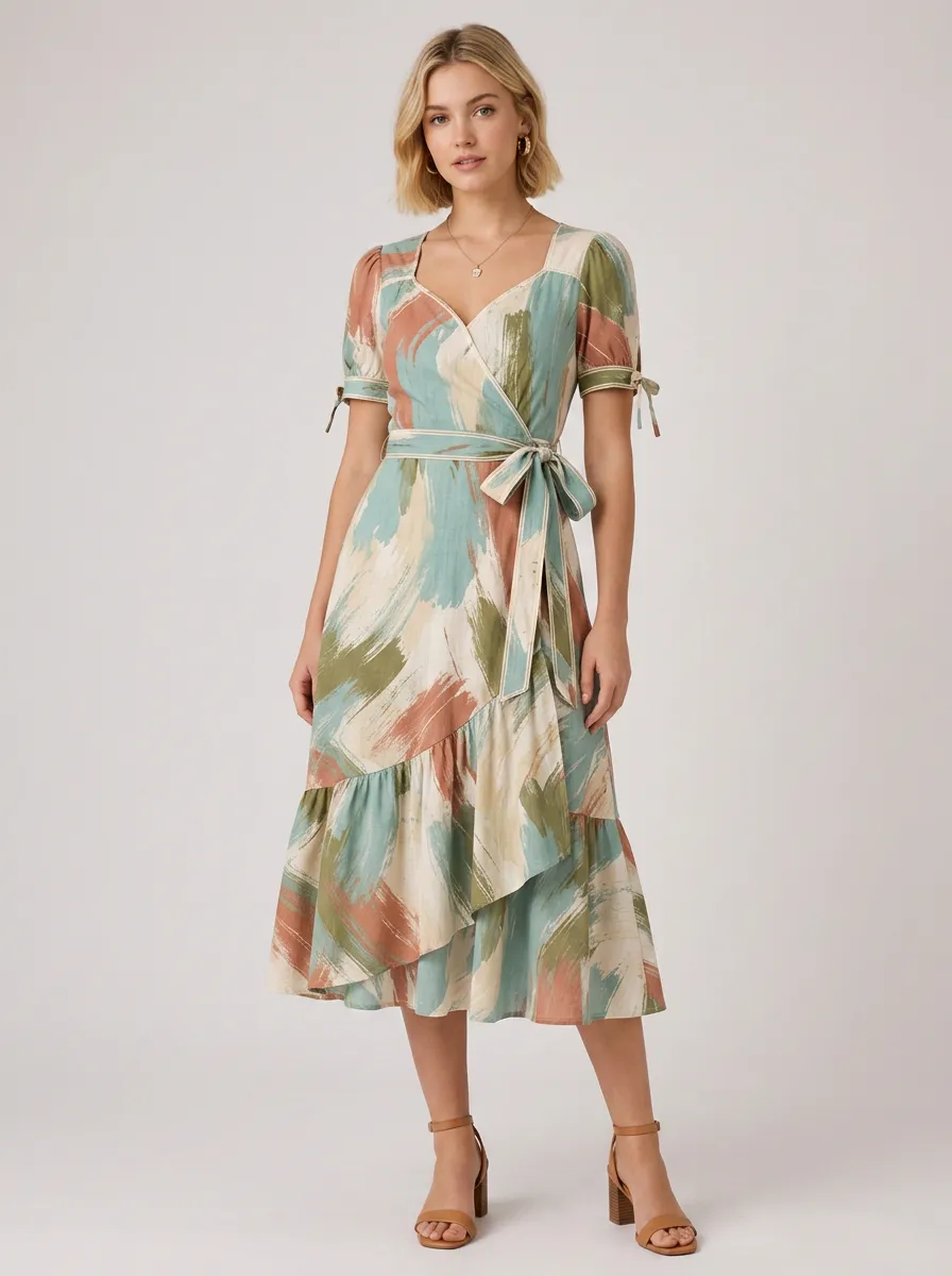 Women's Abstract Brushstroke Print Wrap Tie-Waist Ruffle Top