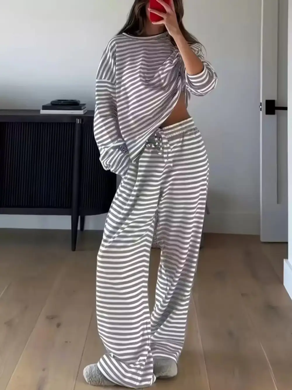 Relaxed Striped Round Neck Top and Pants Set