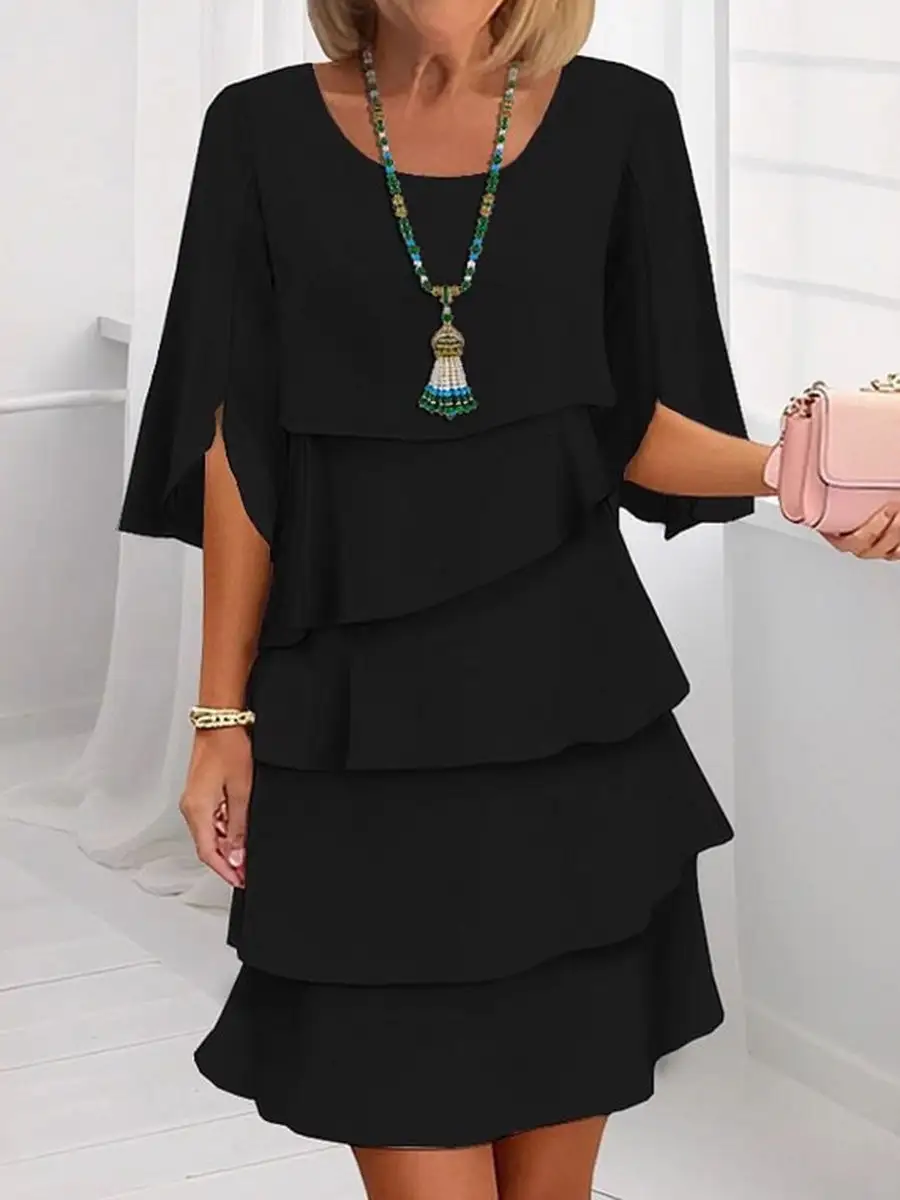 Half Sleeve Relaxed Layered Ruffle Solid Color Split Joint Round Neck