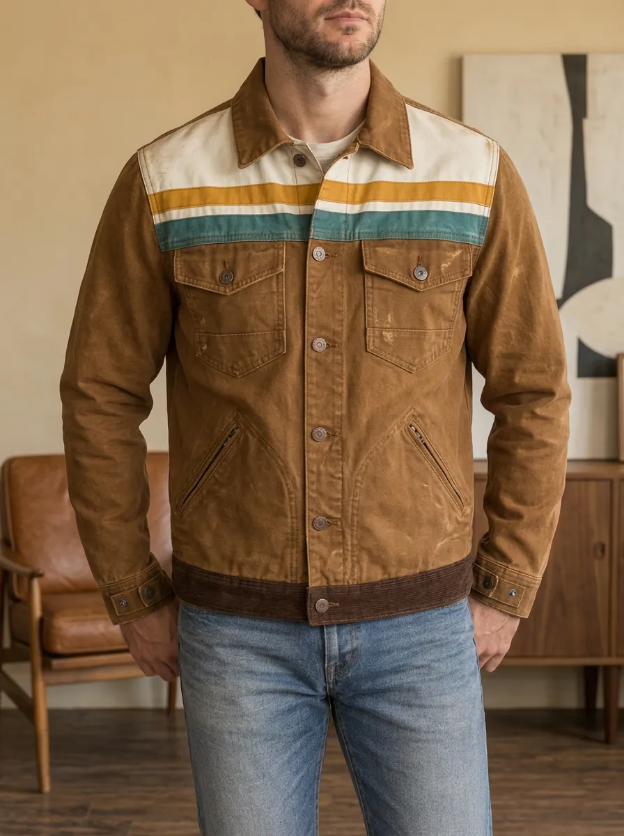 Men's Vintage Retro Stripe Pattern Printed Canvas Jacket