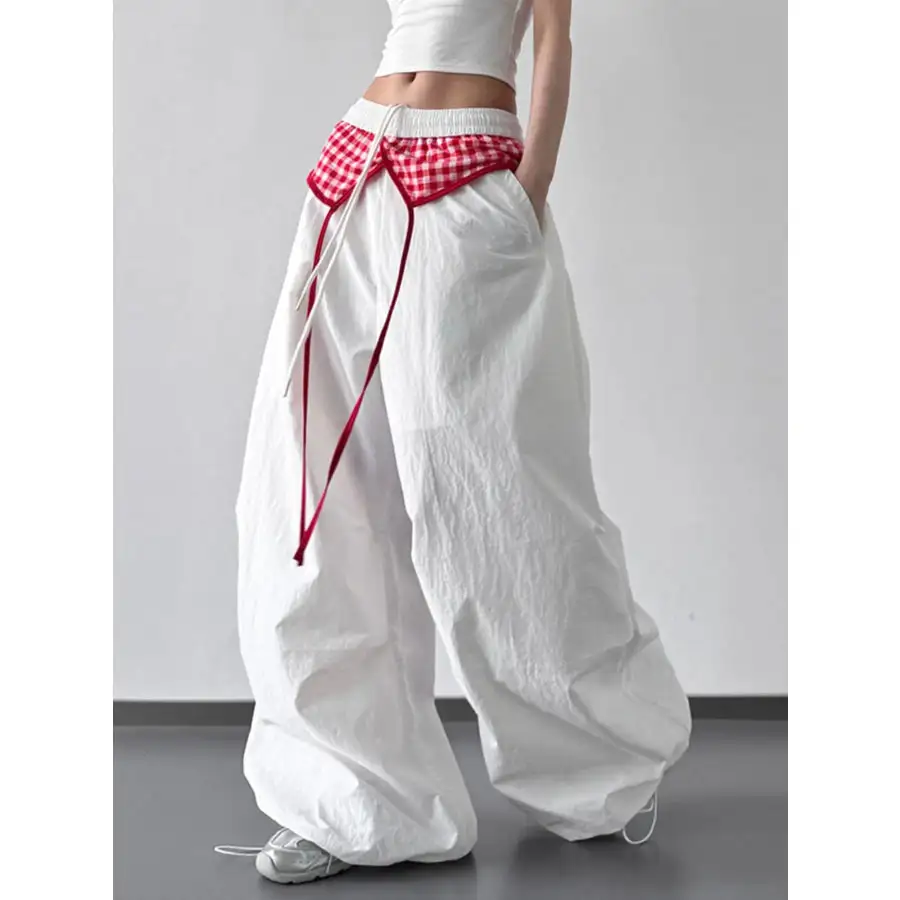 Wide Leg Pants with Checkered Detail