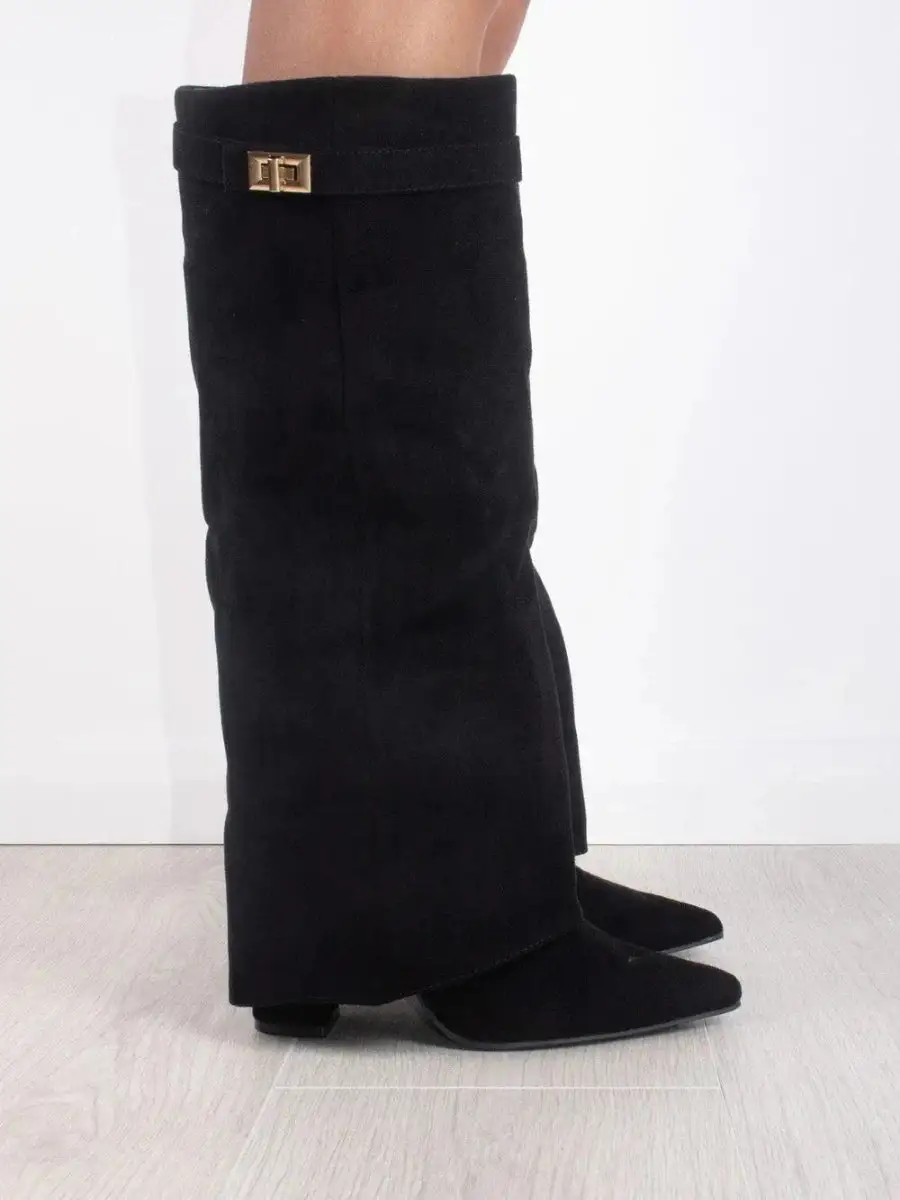 Knee Tall Boots Wide Flare Top Block Heel