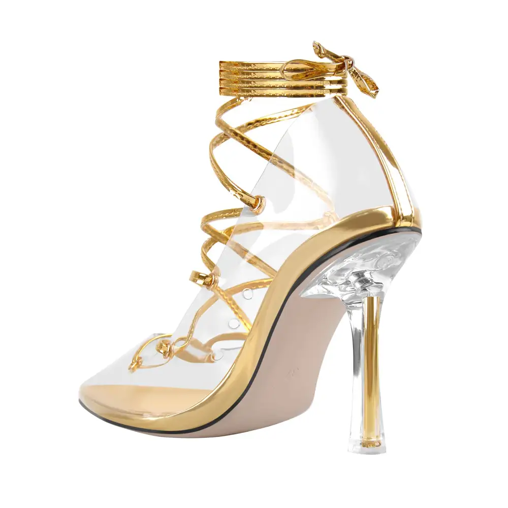 Lace Detail Pointed Toe Transparent Heel Lace Up Pumps