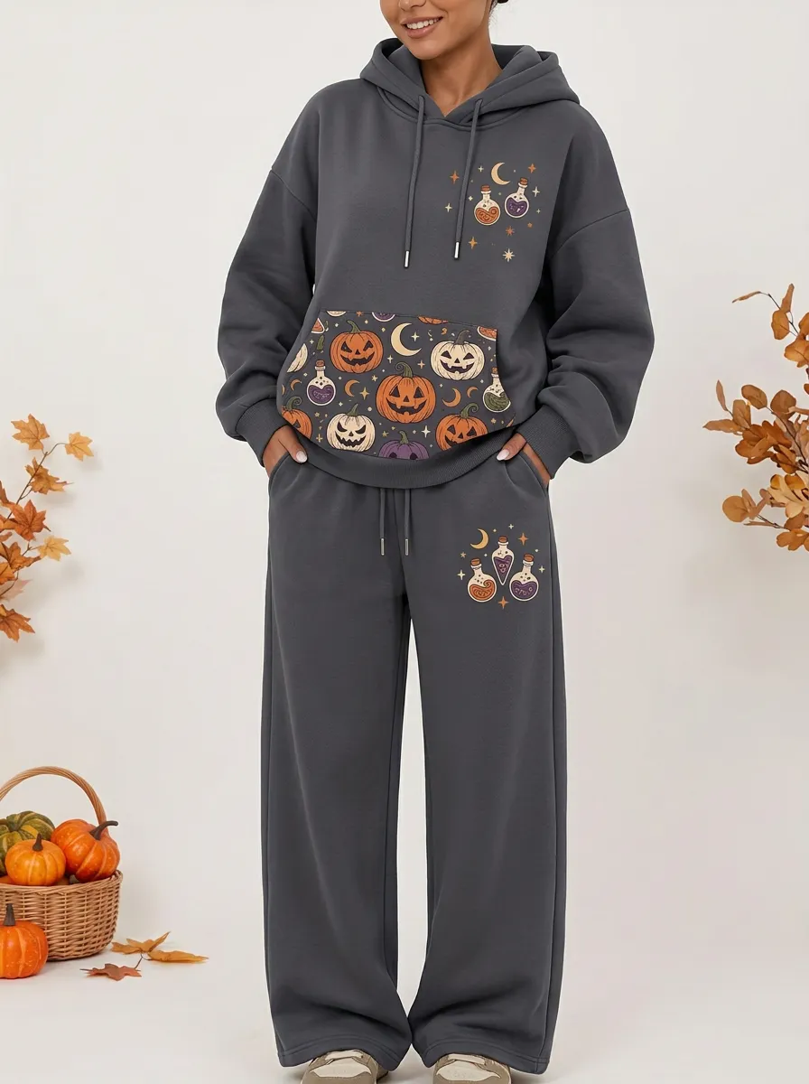 Women's Halloween Pumpkin Potion Printed Hoodie and Pants Set