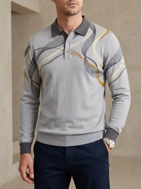 Men's Abstract Wave Pattern Printed Long Sleeve Polo Shirt Modern Pattern