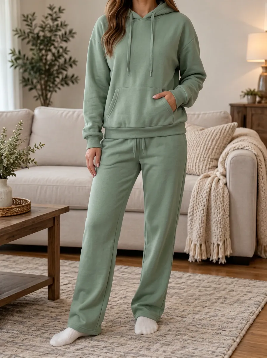 Women's Sage Green Solid Color Hooded Straight Leg Lounge Set