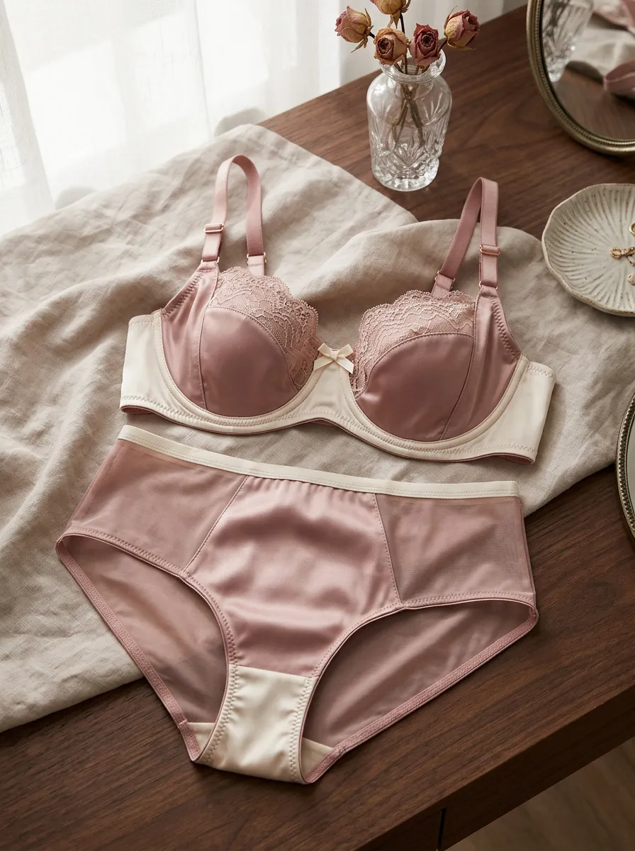 Women's Lace Trim Satin Dusty Lingerie Set