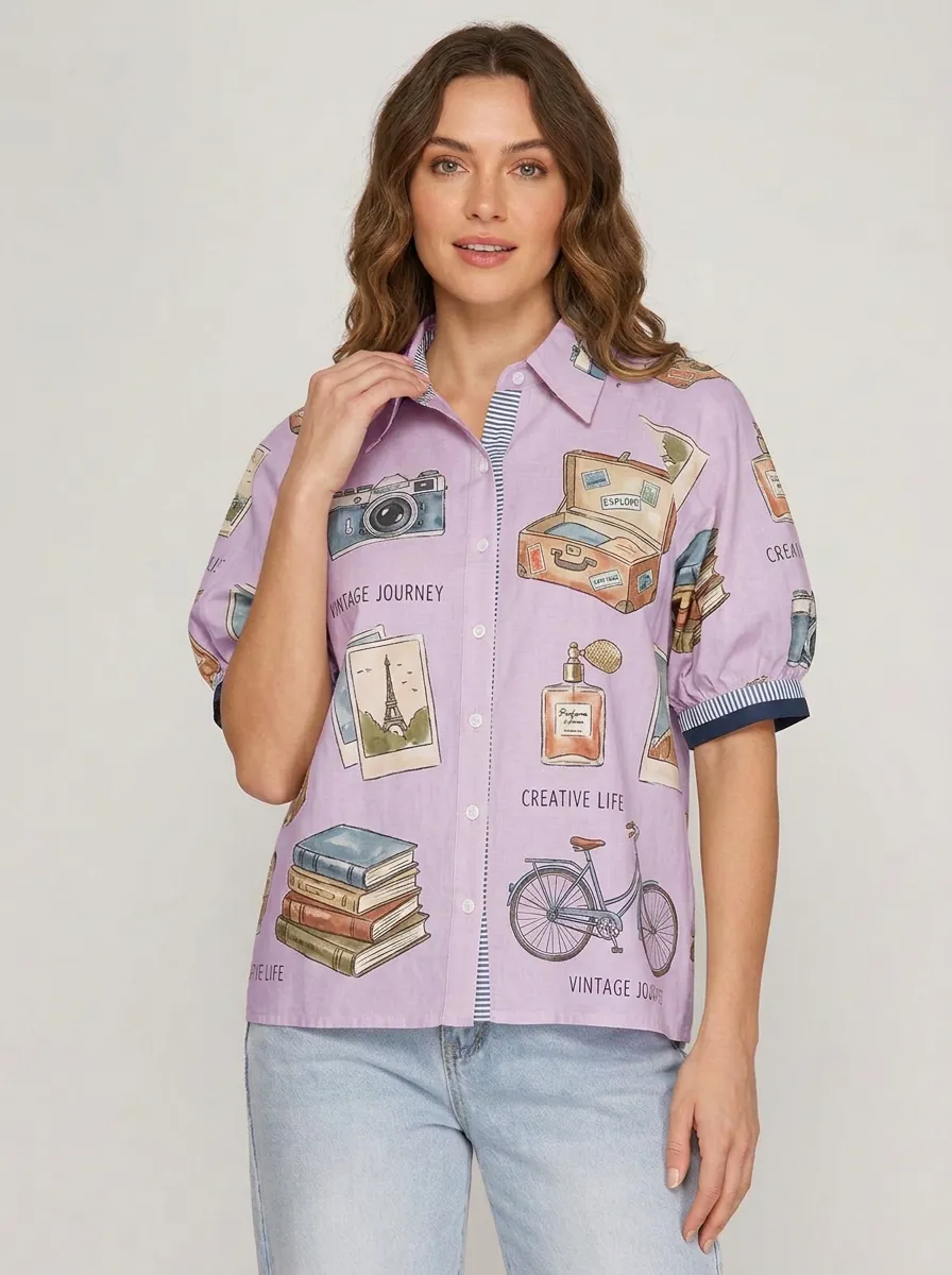 Women's Travel Vintage Journey Graphic Button-up Shirt Tank Top