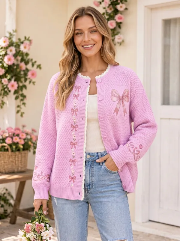 Women's Ribbon Inspired Floral Coquette Ribbon Bow Printed Cardigan