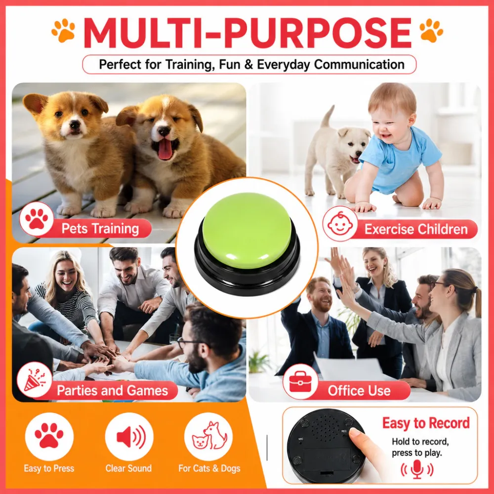 Recordable Pet Sound Button Interactive Dog Toy Bite Resistant Non-Toxic Puppy Training Portable Pet Plaything