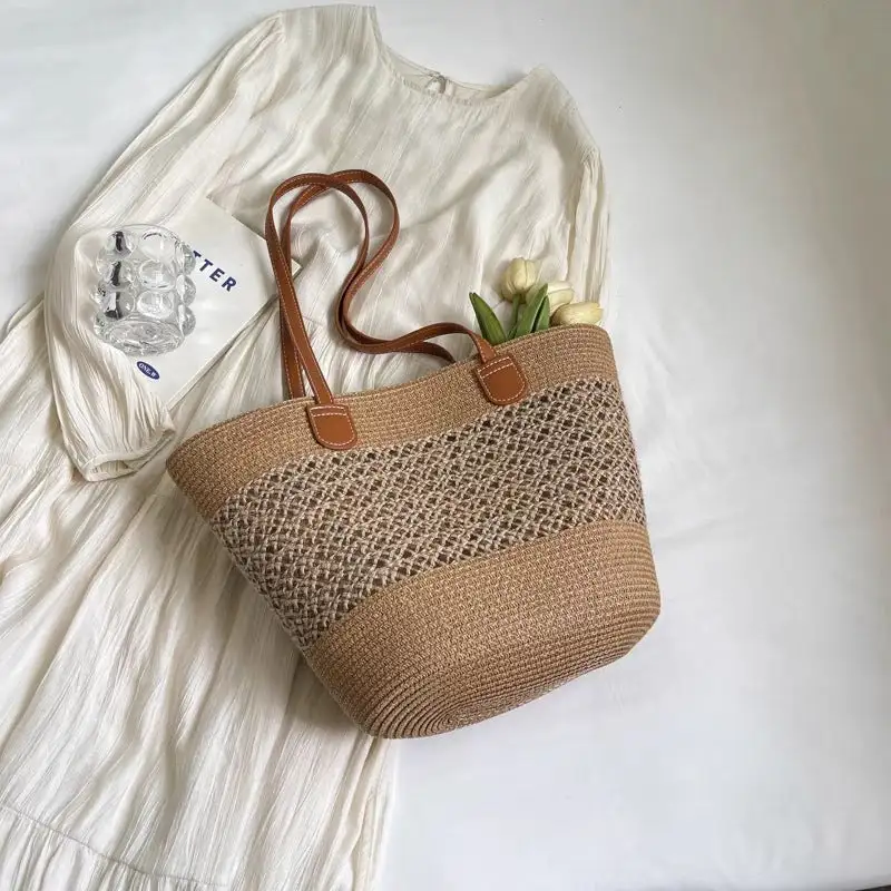 Structured Utility Straw Tote Bag